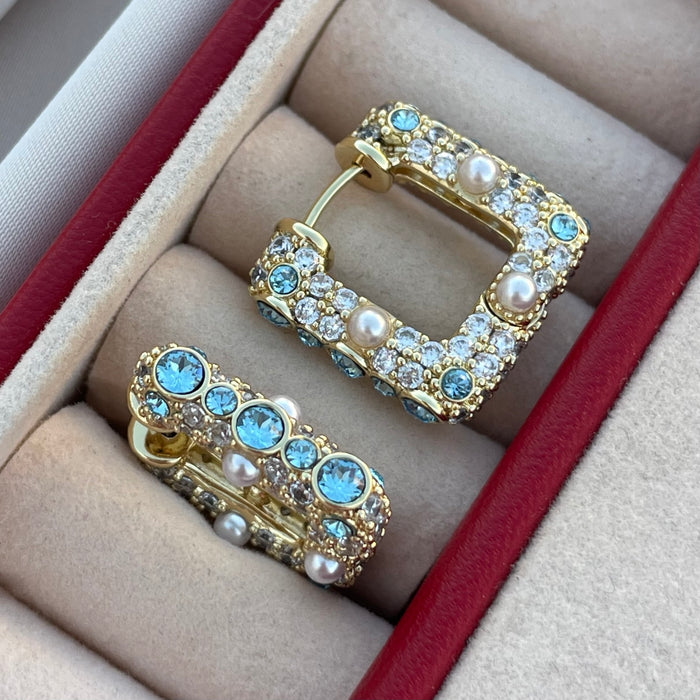 Argollas cuadricular Aperladas celeste
