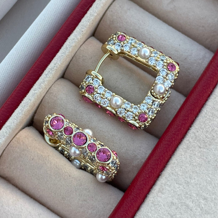 Argollas cuadricular Aperladas rosa